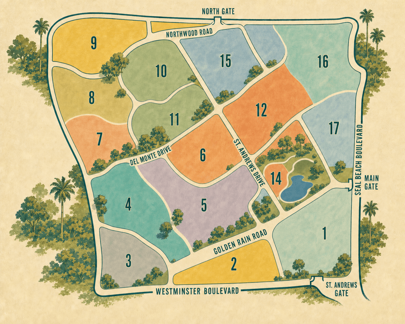 Stylized orientation map of Leisure World Seal Beach showing Mutuals 1 through 12 and 14 through 17, major roads, and the North, Main, and St. Andrews gates